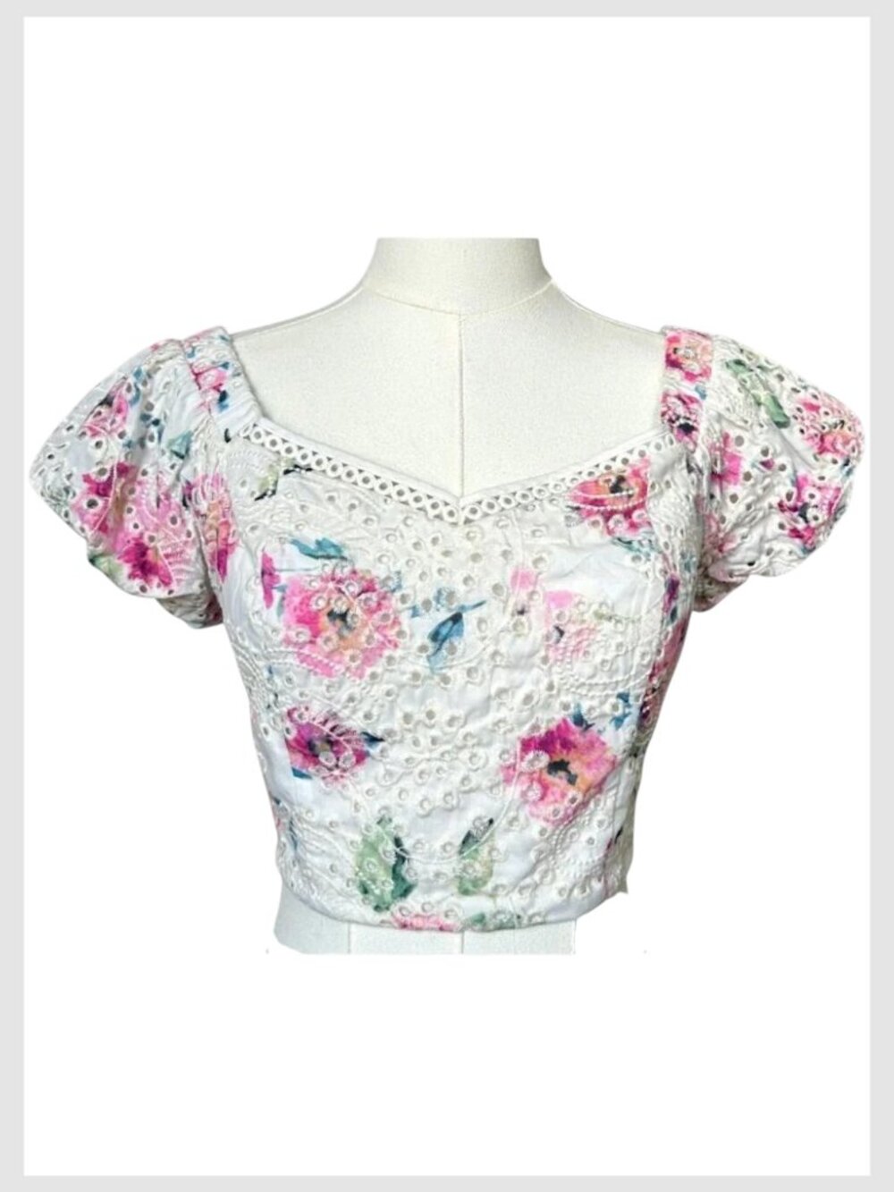 Aqua Crop Top White Pink Floral Eyelet Puff Sleeve S - Picture 3 of 9